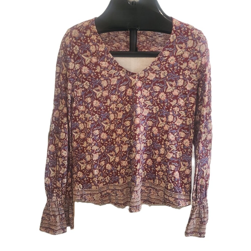 LUCKY BRAND Cinched Sleeve Floral Flowy Boho Peasant Top Shirt XS (NWOT)
